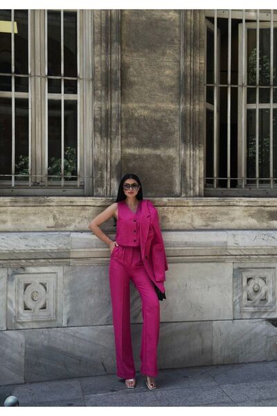 MYGİYİMİSTANBUL len kabát mellény palazzo nadrág 3 részes öltöny