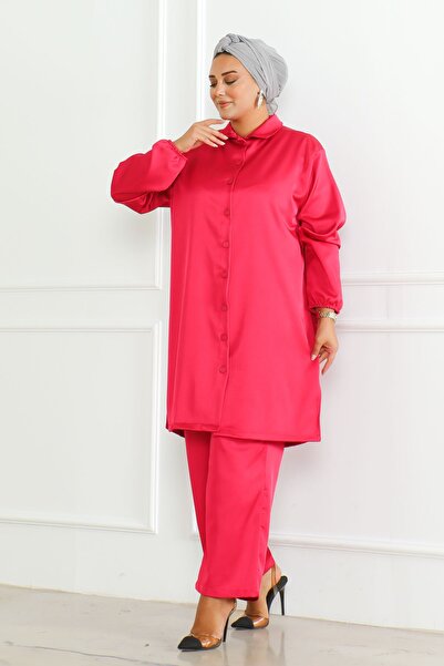 MAY MARA Σετ παντελόνι Plus Size - Πουκάμισο με λαιμόκοψη και σκίσιμο τουνίκ