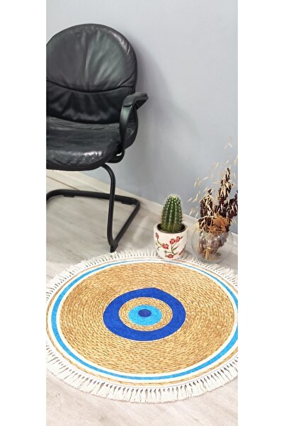 SÜNGERSAN Nazar Boncuğu Desenli Kaymaz Tabanlı Yıkanabilir Hasır Görünümlü Yuvarlak Nazar Boncuklu Halı