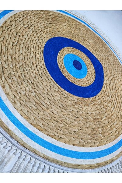 SÜNGERSAN Nazar Boncuğu Desenli Kaymaz Tabanlı Yıkanabilir Hasır Görünümlü Yuvarlak Nazar Boncuklu Halı