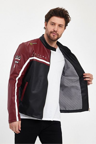 Black Level Men's Printed - Leather Garnished Zippered Racer Jacket Bomber Jacket