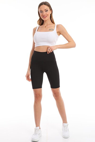 PodiumStar شورت نسائي قصير أسود عالي الخصر من القماش المرتفع غير اللامع لراكب...