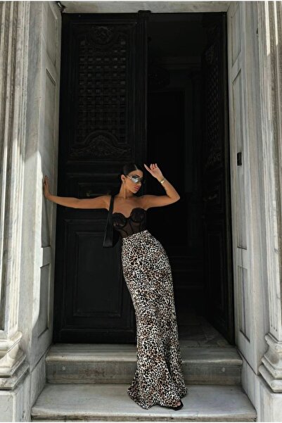 LB Laluna Butik Fusta lungă din satin cu leopard pentru femei