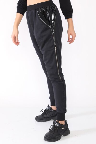 PodiumStar Kadın Siyah Yanları Rugan Deri Pantolon