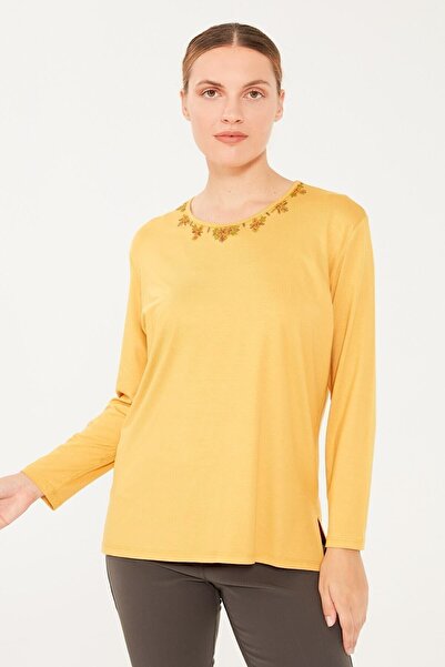 Desen Triko Kadın Sıfır Yaka Uzun Kol Yakası Işlemeli Penye Bluz Hardal
