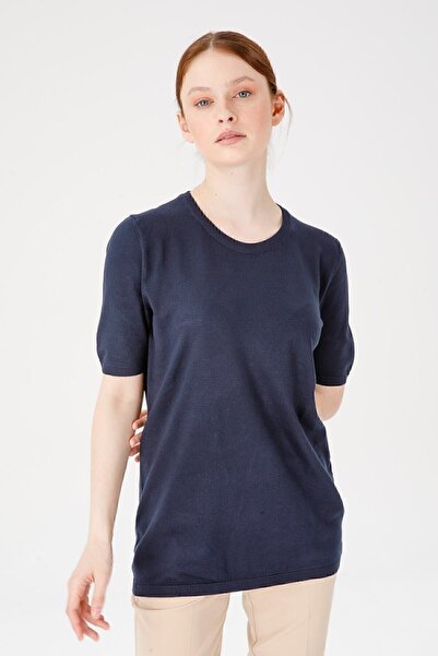 Desen Triko Women's Lycra Short Sleeve Crew Neck Plain Blouse Dark Blue
