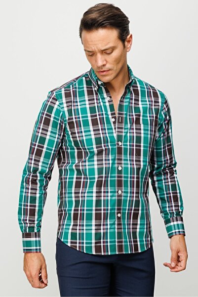 Desen Triko Ανδρική τσέπη με γιακά με κουμπιά 100% βαμβακερό καρό σχέδιο κανονικό πουκάμισο μεσαίας κοπής πράσινο