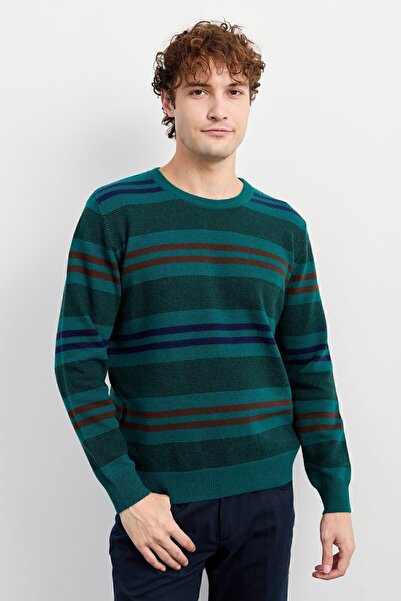 Desen Triko Чоловічий светр з коміром-стійкою, кольоровими смужками, класичний, вовняний, без рукавів