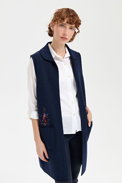 Desen Triko Women's Polo Neck Open Front Embroidered Long Wool Vest Dark Blue