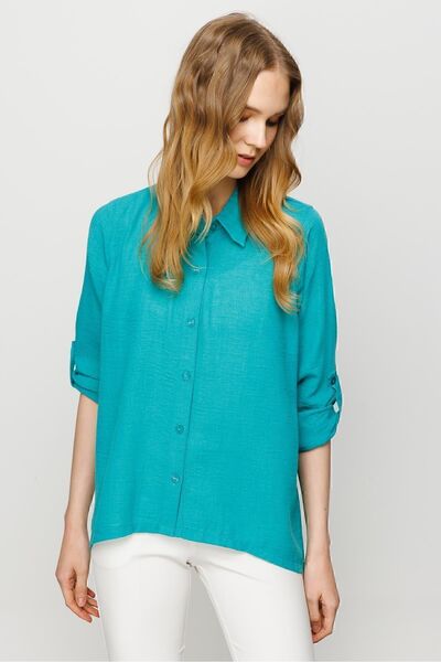 Desen Triko Γυναικείο Φαρδύ Πουκάμισο Μασίφ Λινό Πράσινο