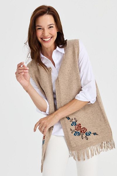 Desen Triko Women's Skirt Floral Tassel Vest Dark Beige