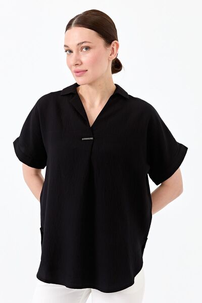Desen Triko Women's Front Buckle Blouse Black