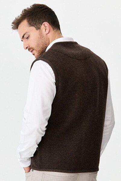 Desen Triko Men's V-Neck Pique Woven Wool Vest with Felt Accessories Dark Brown