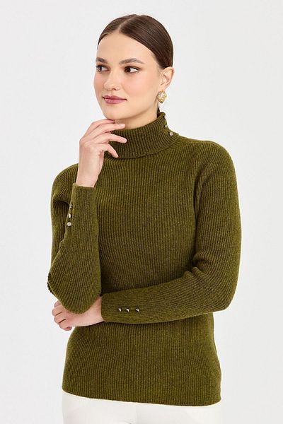 Desen Triko Pulover de lână cu nasturi, cu mânecă cu gât rotic, verde