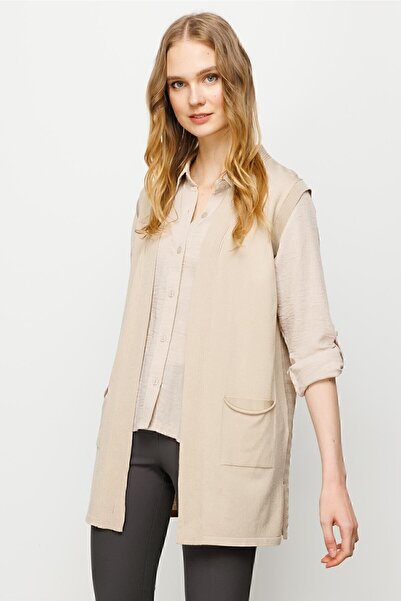 Desen Triko Women's Back Patterned Araboy Knitwear Vest Beige