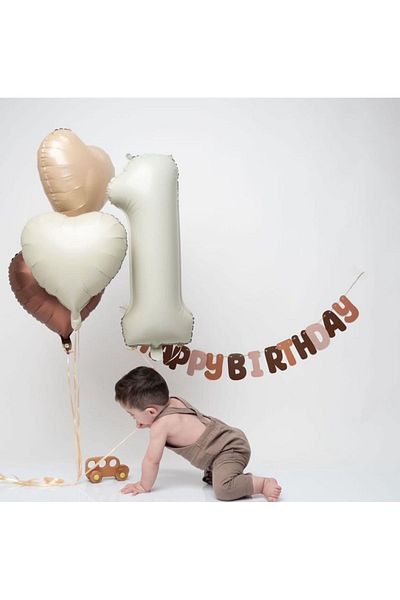 Çemrek Süs Parti Eva Brown Happy Brithday Banner and Beige Cream 1 Year Old Foil Balloon Set 5 Pieces