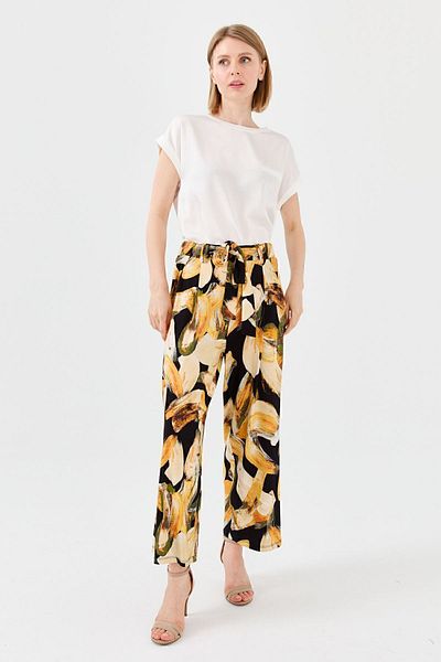 Desen Triko Pantaloni de damă din bumbac pieptănat, cu modele mixte, muștar