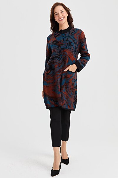 Desen Triko Women's High Collar Colorful Wave Patterned Long Wool Coat Black