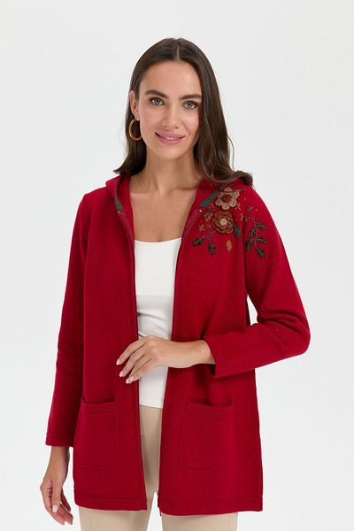 Desen Triko Cardigan din lână brodat cu glugă roșie - Araboy