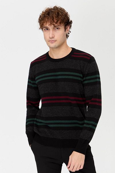 Desen Triko Pulover de lână clasic cu dungi colorate pentru bărbați, negru