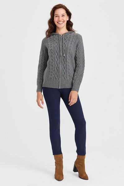 Desen Triko Women's Hooded Hair Walking Braided Wool Cardigan Smoked