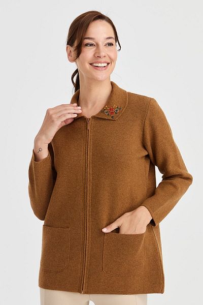 Desen Triko Women's Polo Collar Lace Embroidered Wool Cardigan K.Taba