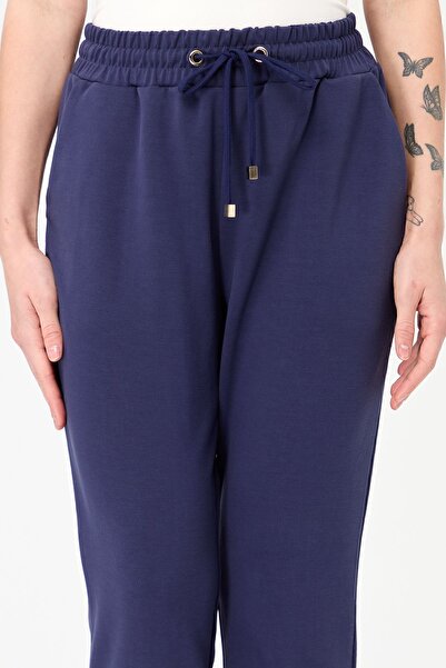 Desen Triko Kadın Paça Arkası Lastikli Cepli Eşofman Pantolon Lacivert