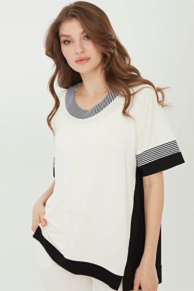 Desen Triko Γυναικεία μπλούζα με λαιμόκοψη και ριγέ φούστα σε μαύρο χρώμα