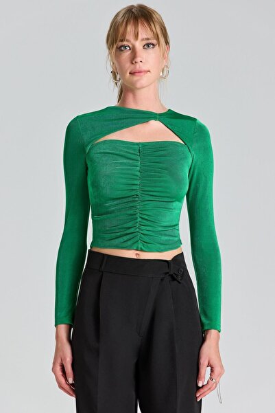 boutiquen 2679 Önü Büzgülü Yeşil Uzun Kollu Bluz
