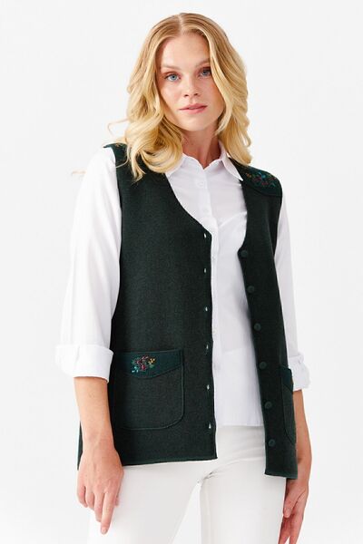Desen Triko Women's V-Neck Shoulder Pocket Cover Felt Embroidered Buttoned Vest Green