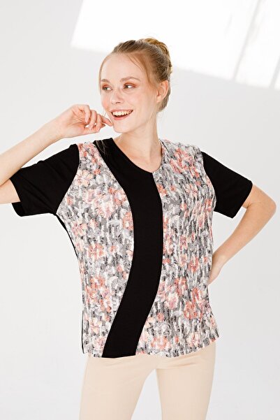 Desen Triko Women's V-Neck Short Sleeve Floral Printed Combed Cotton Blouse Black