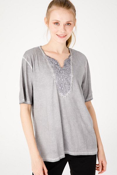 Desen Triko Women's Turn-down Collar Short Sleeve Laced Combed Cotton Blouse Gray