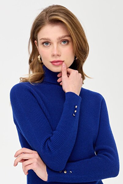 Desen Triko Pulover de lână cu nasturi cu mânecă cu gâtul turnat Ksblue