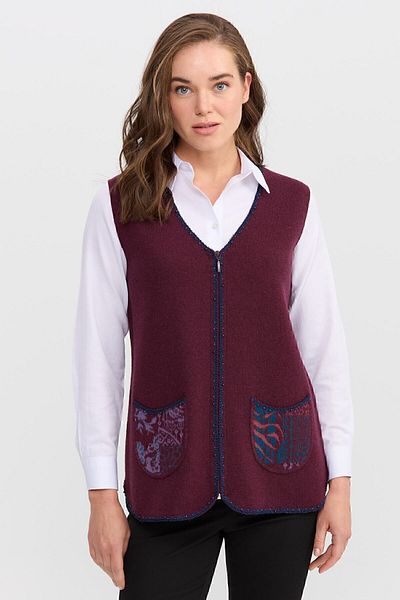Desen Triko Women's V-Neck Water Stone Beaded Embroidered Short Wool Vest Plum