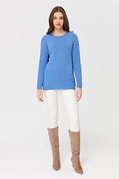 Desen Triko Pulover de lână tricotat pentru damă, cu mânecă și gât, O.Blue