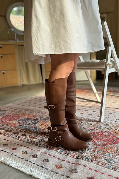 SHOEBELLAS Ghete de damă cu trei catarame din piele bronzată Kiev