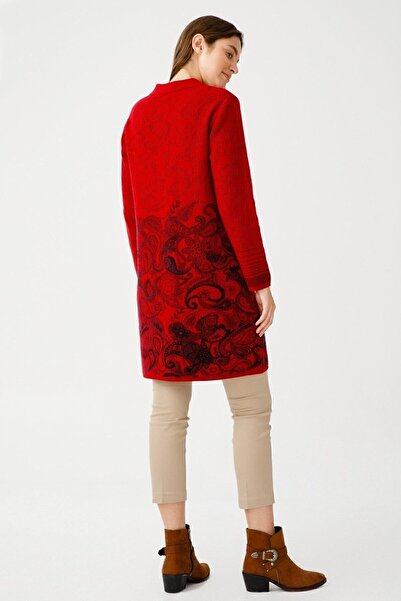 Desen Triko Women's Judge Collar Paisley Patterned Long Coat Dark Red