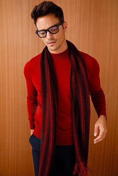 Desen Triko Чоловічий шерстяний шарф у смужку бордового кольору