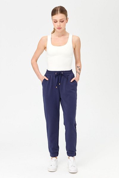 Desen Triko Pantaloni de trening cu picior din spate elastic, cu buzunare, albastru bleumarin