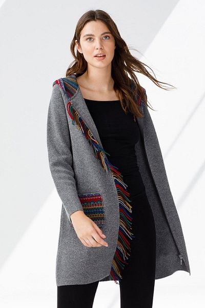 Desen Triko Women's Long Cardigan with Smoke Color - Front Tassels and Hood