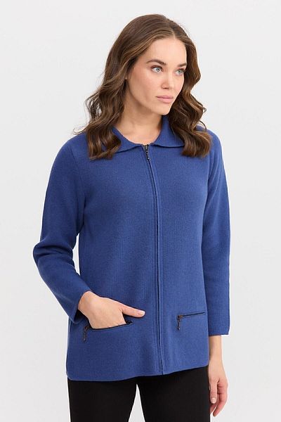 Desen Triko Cardigan de lână cu fermoar, cu guler polo, albastru