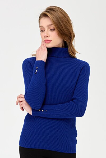 Desen Triko Pulover de lână cu nasturi cu mânecă cu gâtul turnat Ksblue