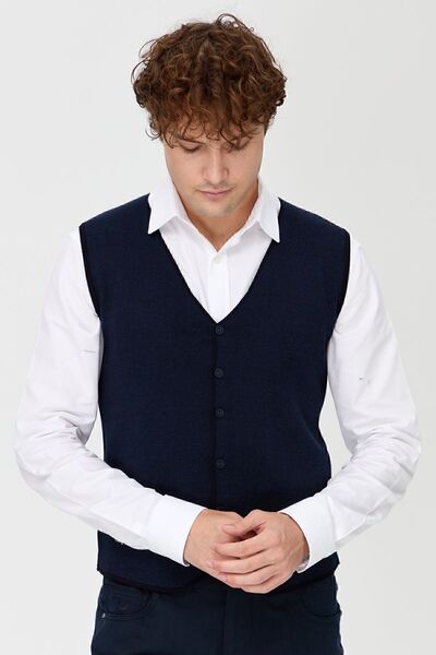 Desen Triko Чоловічий V-подібний двоколірний тонкий трикотажний жилет темно-синій