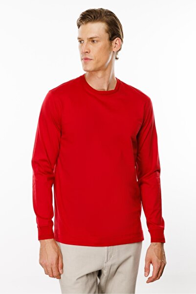 Desen Triko Men's Crew Neck Basic Long Sleeve Cotton T-Shirt Red