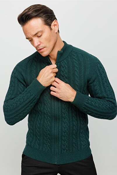 Desen Triko Ανδρικό μάλλινο παλτό με πλεκτό μισό ζιβάγκο πράσινο