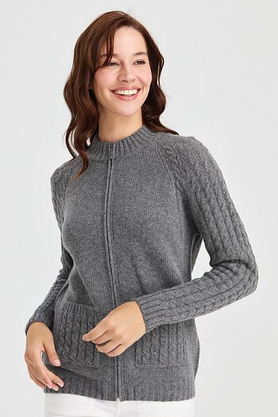 Desen Triko Women's High Collar Pocket and Sleeve Hair Knitted Wool Cardigan Smoked