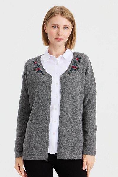 Desen Triko Cardigan din lână brodat din dantelă, cu decolteu în V, afumat