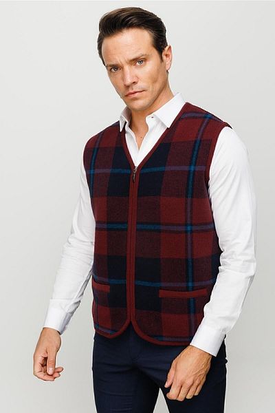Desen Triko Men's V-Neck Front Checked Vest Claret Red