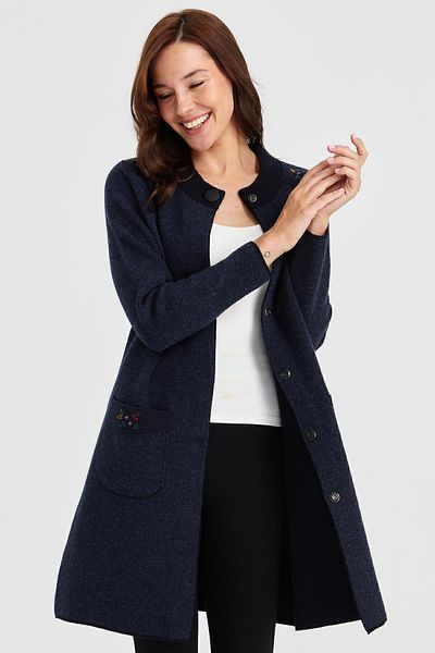 Desen Triko Cardigan de lână pentru femei albastru închis - guler vertical, brodat pe umeri și buzunare