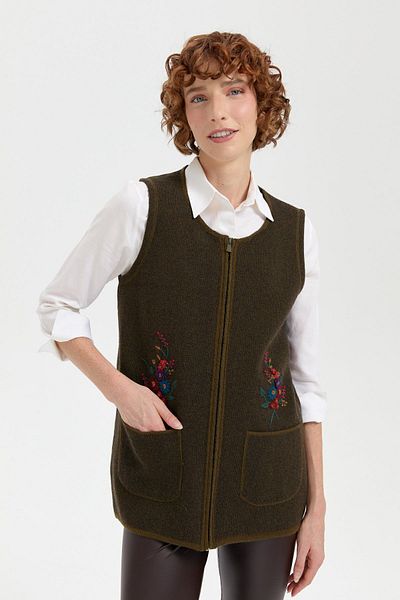 Desen Triko A.green Women's Wool Vest - Null Collar and Pocket Embroidered